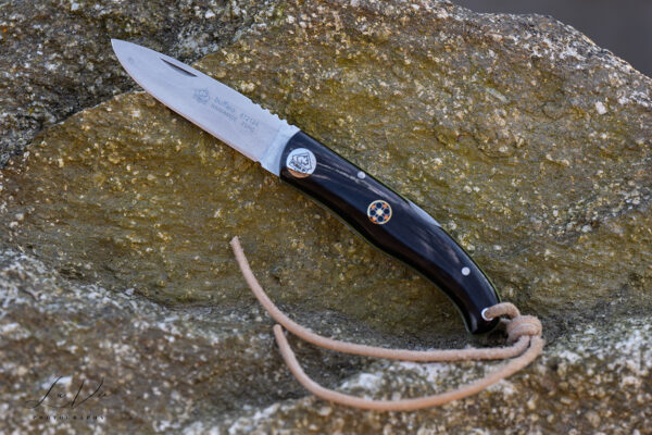 Gürtelmessertasche, helles Leder mit antikfinish, Messer Büffelhorn – Bild 4
