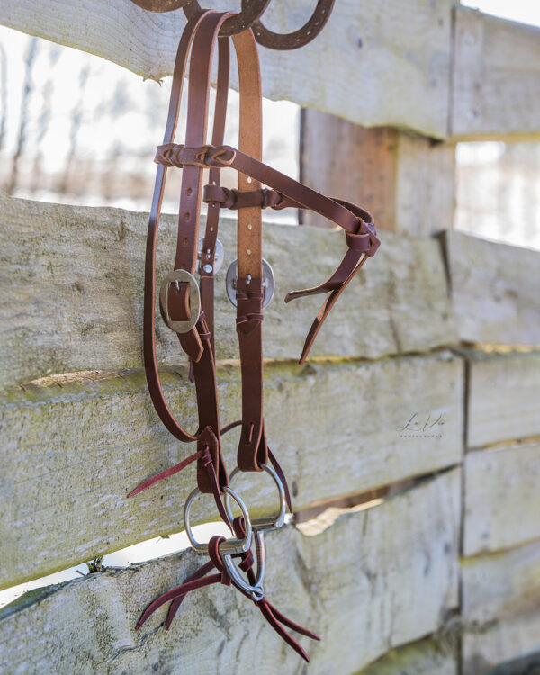 7P-Cowboy Bridle Set  / Kopfstück (Avarage) beidseitig verstellbar, dunkles Leder + Gebiss 12,5 cm + Kinnriemen – Bild 2