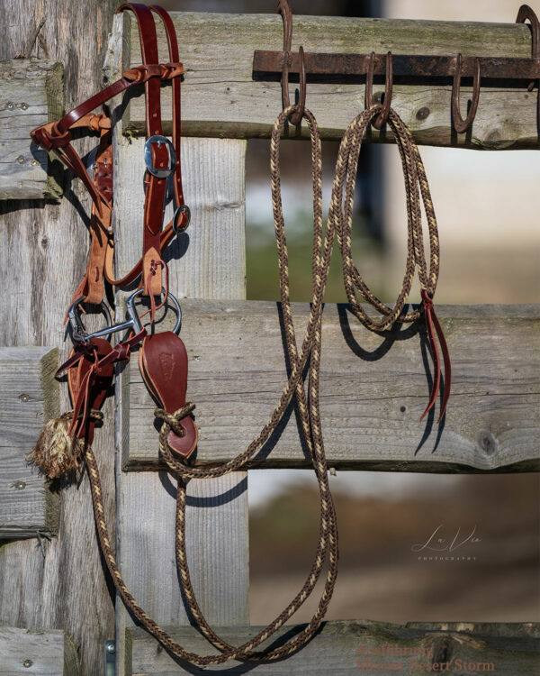 Cowboy Bridle Avarage Complete Set / 7P-Mecaten (zweiseitig verstellbar, dunkles Leder, Gebiss 12,5 cm, Slobber Straps round dunkel)
