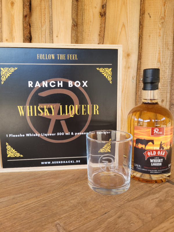 Ranchbox: WHISKY LIQUEUR - 7P-Brand + Tumbler in Holzbox