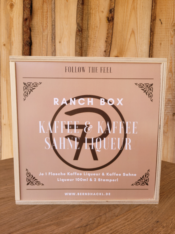 Ranchbox 7P-CoffeTime: Kaffee Liqueur + Kaffee-Sahne Liqueur + 2 Stamperl + Holzbox – Bild 2