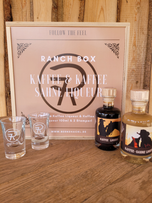 Ranchbox 7P-CoffeTime: Kaffee Liqueur + Kaffee-Sahne Liqueur + 2 Stamperl + Holzbox