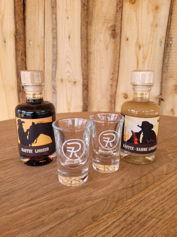 Ranchbox 7P-CoffeTime: Kaffee Liqueur + Kaffee-Sahne Liqueur + 2 Stamperl + Holzbox – Bild 3